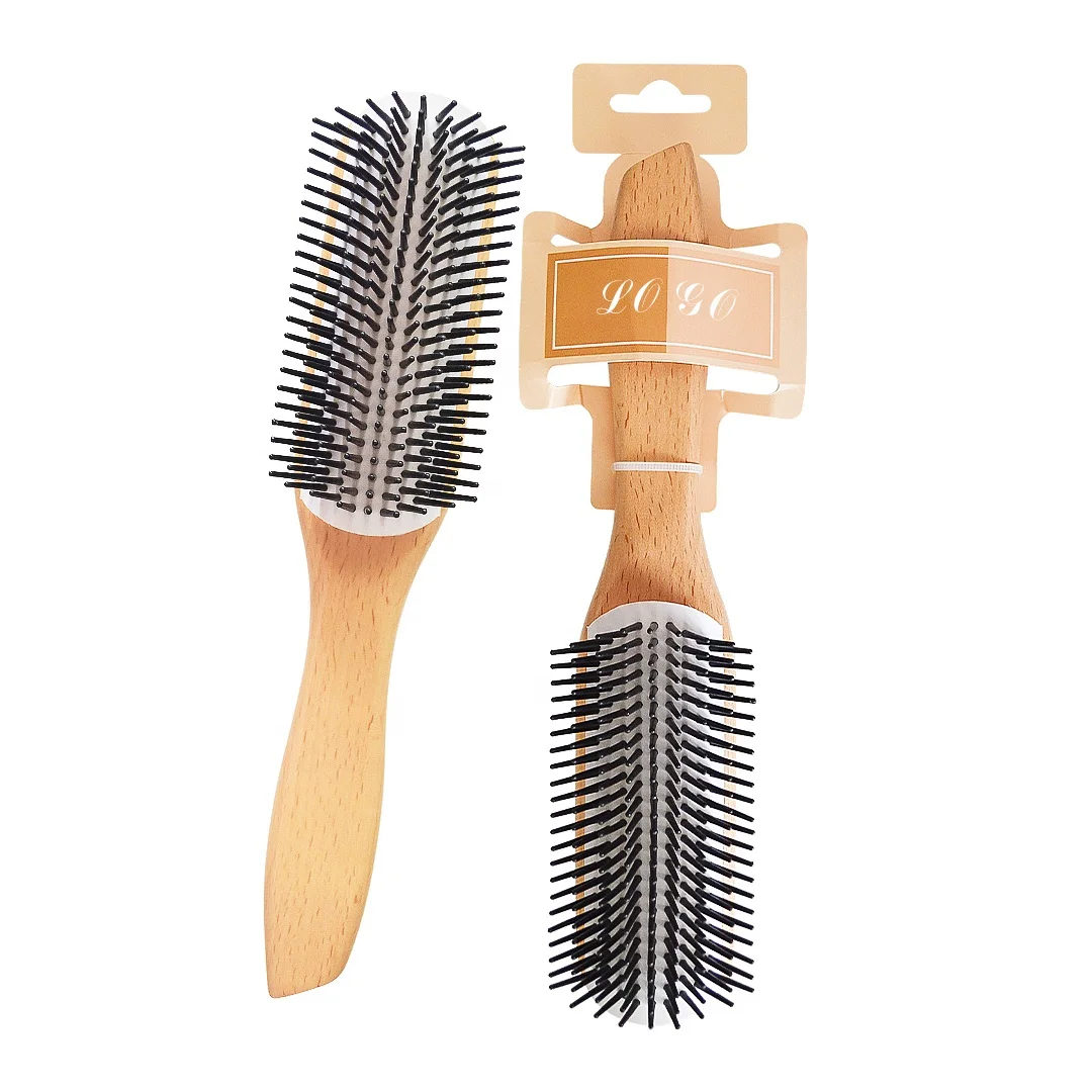 

Amazon hot-selling Custom Logo High Quality Eco-friendly Wooden 9 row Denman Hair Brush