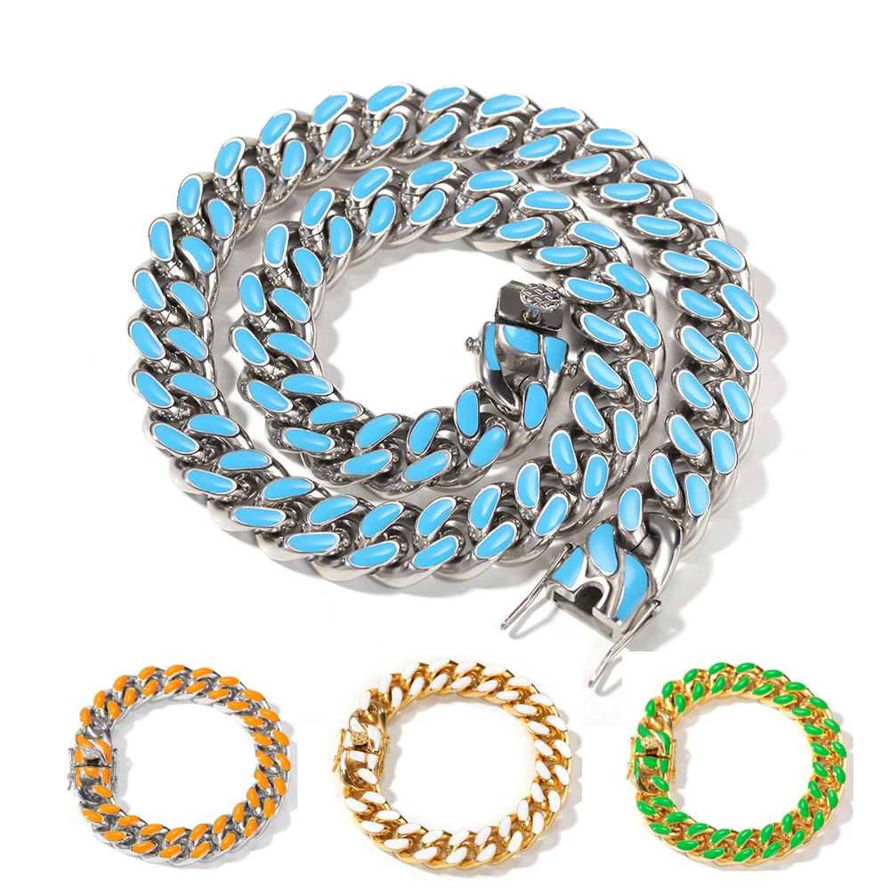 

2021new hip hop chain Fashion 316L stainless steel white blue green orange coloful 10mm12mm no fade cuban link chain for man, Blue/green/white/orange, gold/silver base