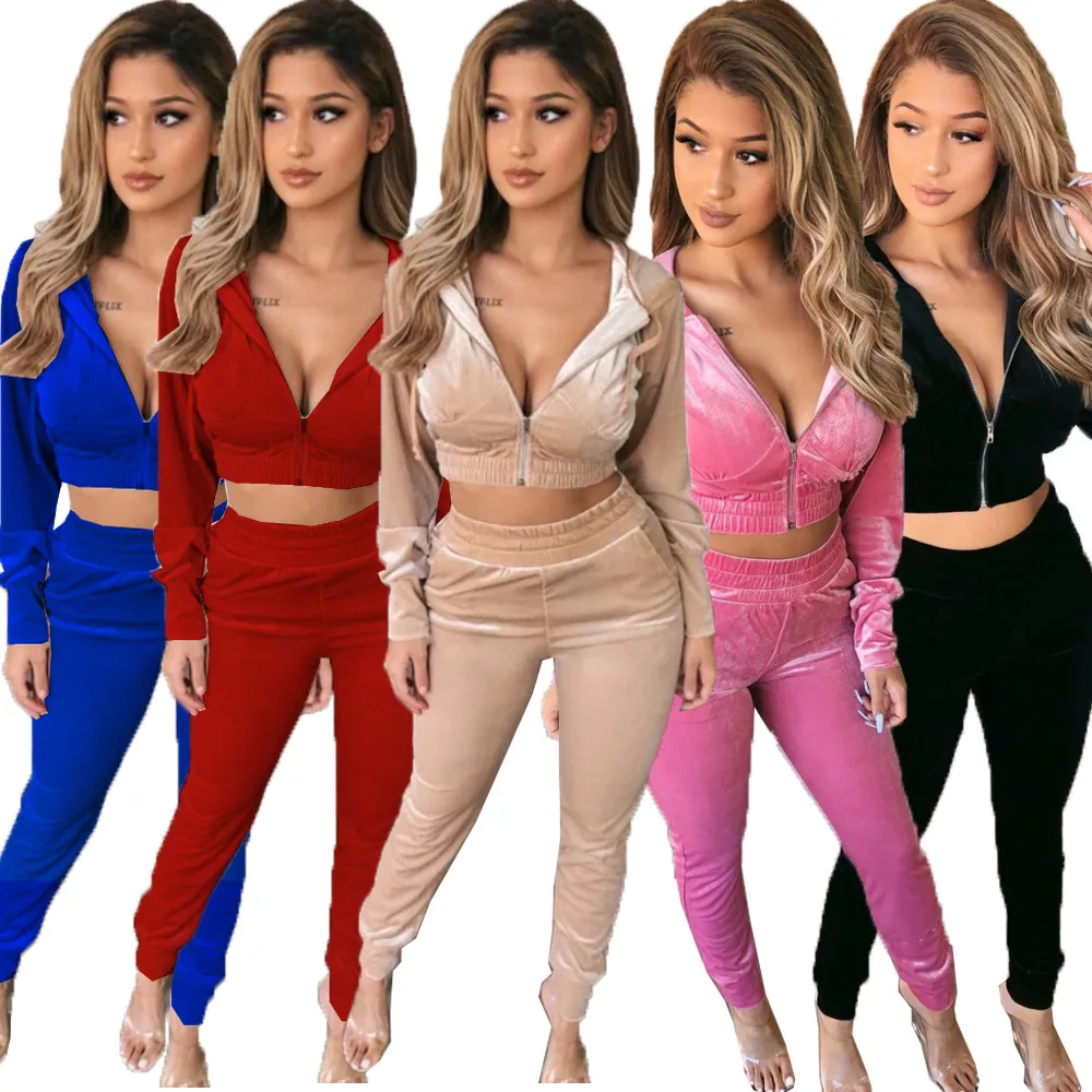 

Winter Sexy Track Suit Zipper Velvet Jogging Sport S Hooded Two Pc Sweat Fleece Lounge Set tracksuits for women