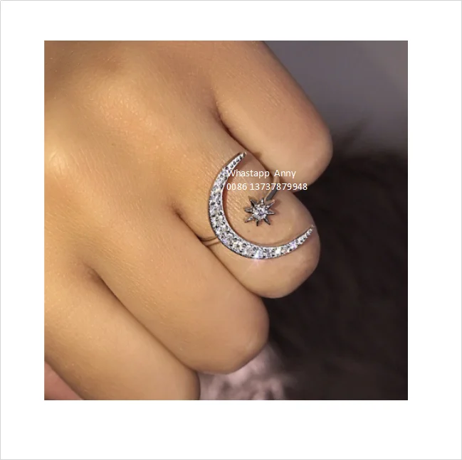 

2020 Personality Crescent Moon Ring Lady Fashion Inset Zircon Crystal Star Moon Open Adjustable Charm Women Ring Jewelry