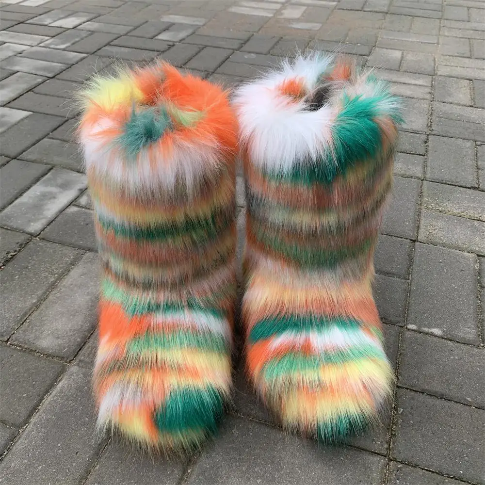 

New arrival fashion colorful fluffy warm winter snow boots women girls kids faux fox fur boots and headbands