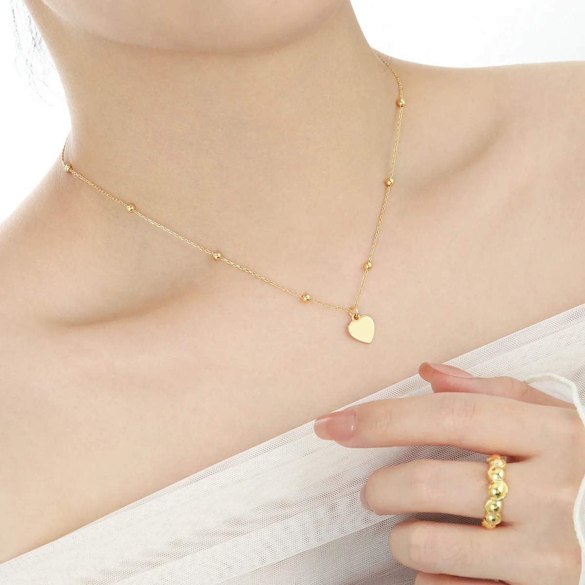 Fashion Jewelry 925 Sterling Silver Heart Pendant Necklace Jewelry 18K Gold Plated Beads Chain Clavicle  Necklace for Women