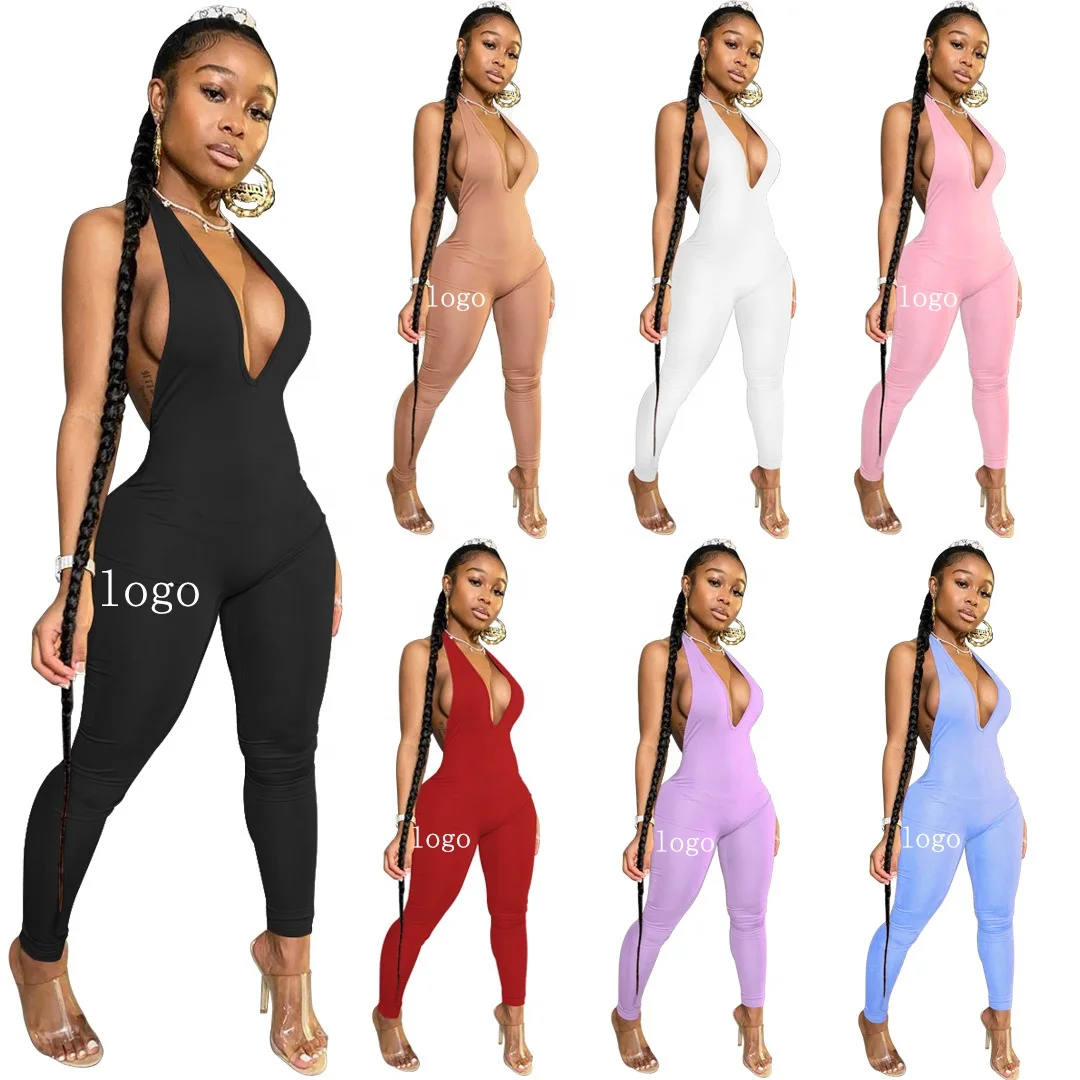 

KX-8570 New custom sexy backless halter romper skinny solid color V neck summer women love&roses jumpsuit