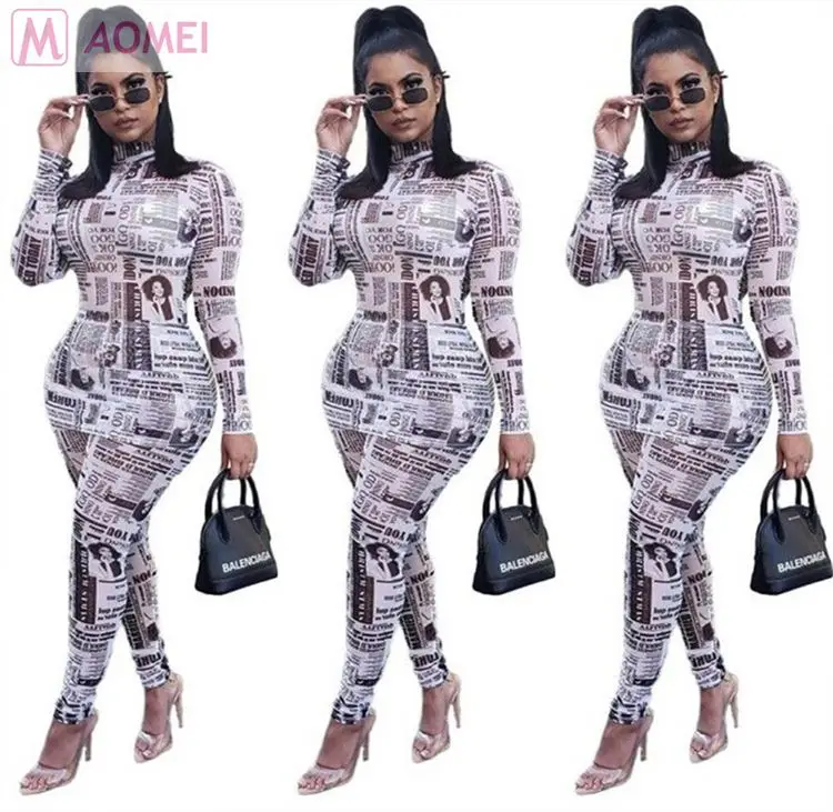 Q2025 new casual high nech newspaper print two piece pants suit set women clothing