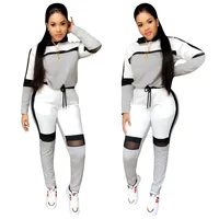 

SAB728 custom logo patchwork hooded two piece set jogging sport casual winter sweatsuit for women