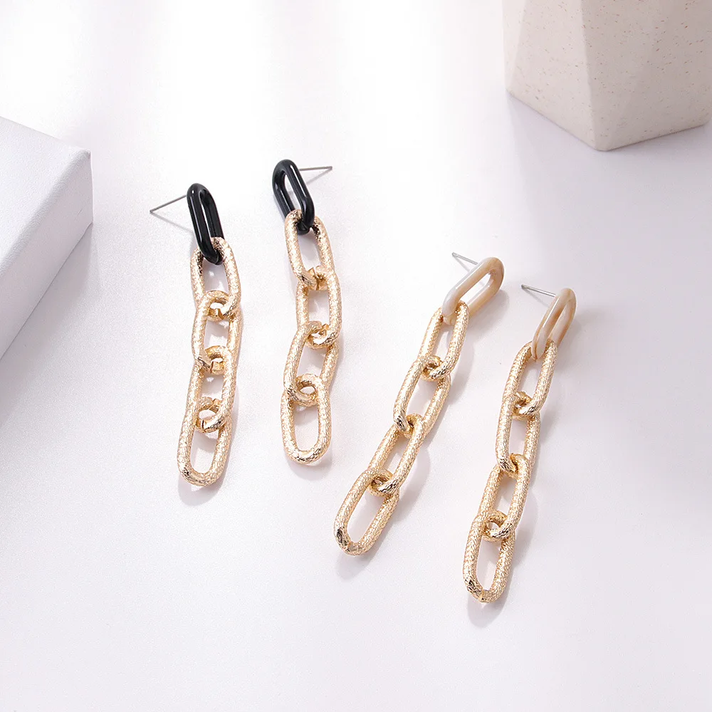 

Fashion New Popular Long Acrylic Chain Drop Earrings Real Gold Plate Oval Chain Dangle Earrings Luxury