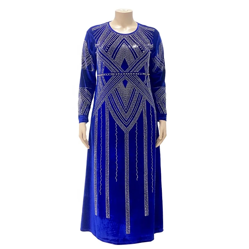 

New Muslim Women'S Gown Set Modeste Clothing Diamond Long Sleeves Saree Party Wear Women'S African Dress, Blue