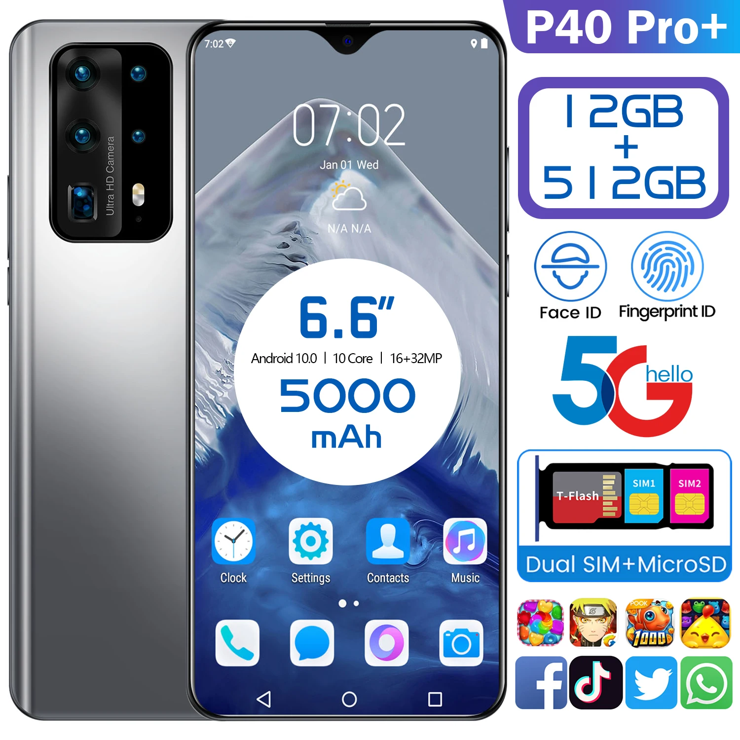 

P40 Pro+ 5G 8G 256GB unlocked Smartphone Cell Phone 6.6 OLED Display Deca Core 5000mAh Fingerprint Dual SIM Mobile Phone, Black,silver,blue
