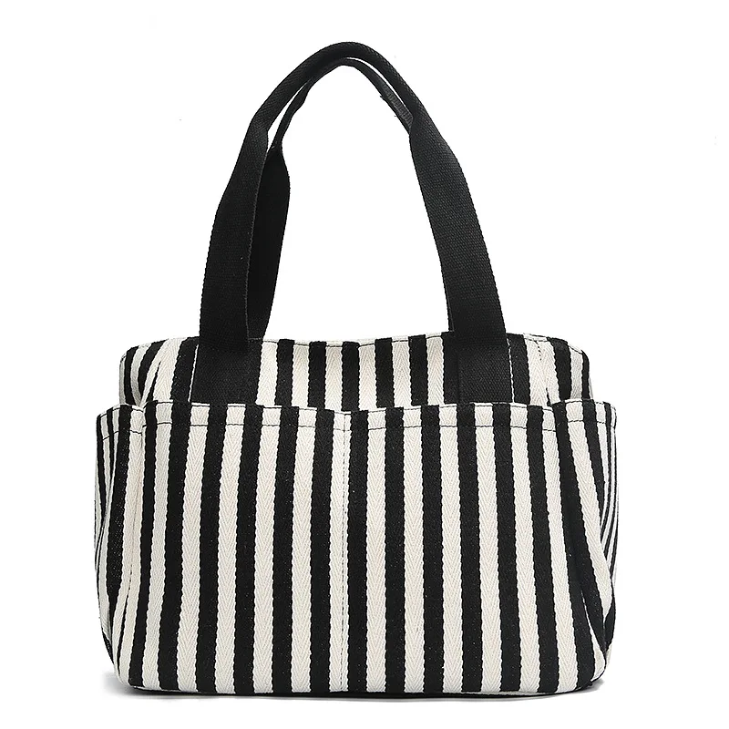 

Wholesale 2021 Women Tote Handbag Lady Fashion Black and White Striped Shopping Bag High Quality Canvas Bags