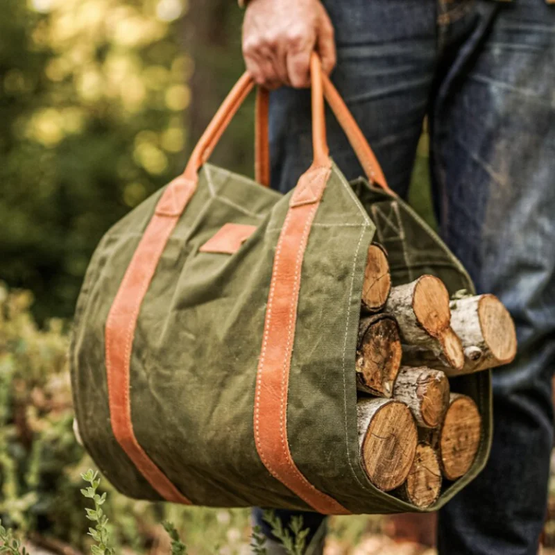 

Outdoor Camping Firewood Holder Waterproof Waxed Canvas Firewood Log Carrier Firewood Storage Bag with Leather Handle