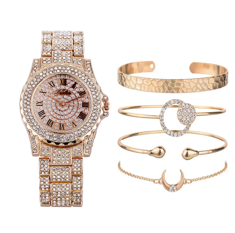 

5 Piece Set Watch Bracelet Set Women Ladies Gemstone Luxury Iced Out Diamond Quartz Watch Wrist Watches, Glod,silver,rose gold