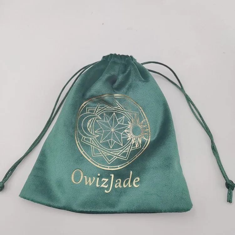 

Factory Supply 8*15 cm Luxury Soft Green Drawstring Velvet Bag Custom Small Jewelry Pouch Packaging with Logo Gold Printed