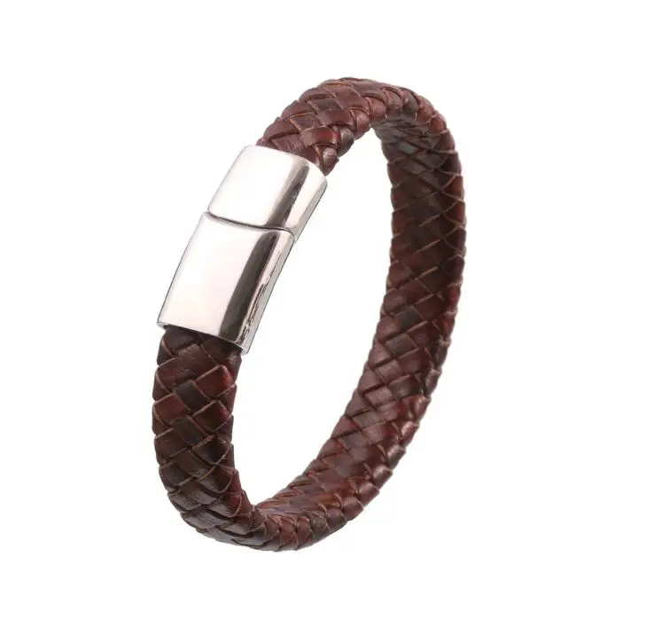 

WIIPU Genuine Leather Bracelet Men Gold Plated Stainless Steel Magnetic Clasp Bangle Jewelry