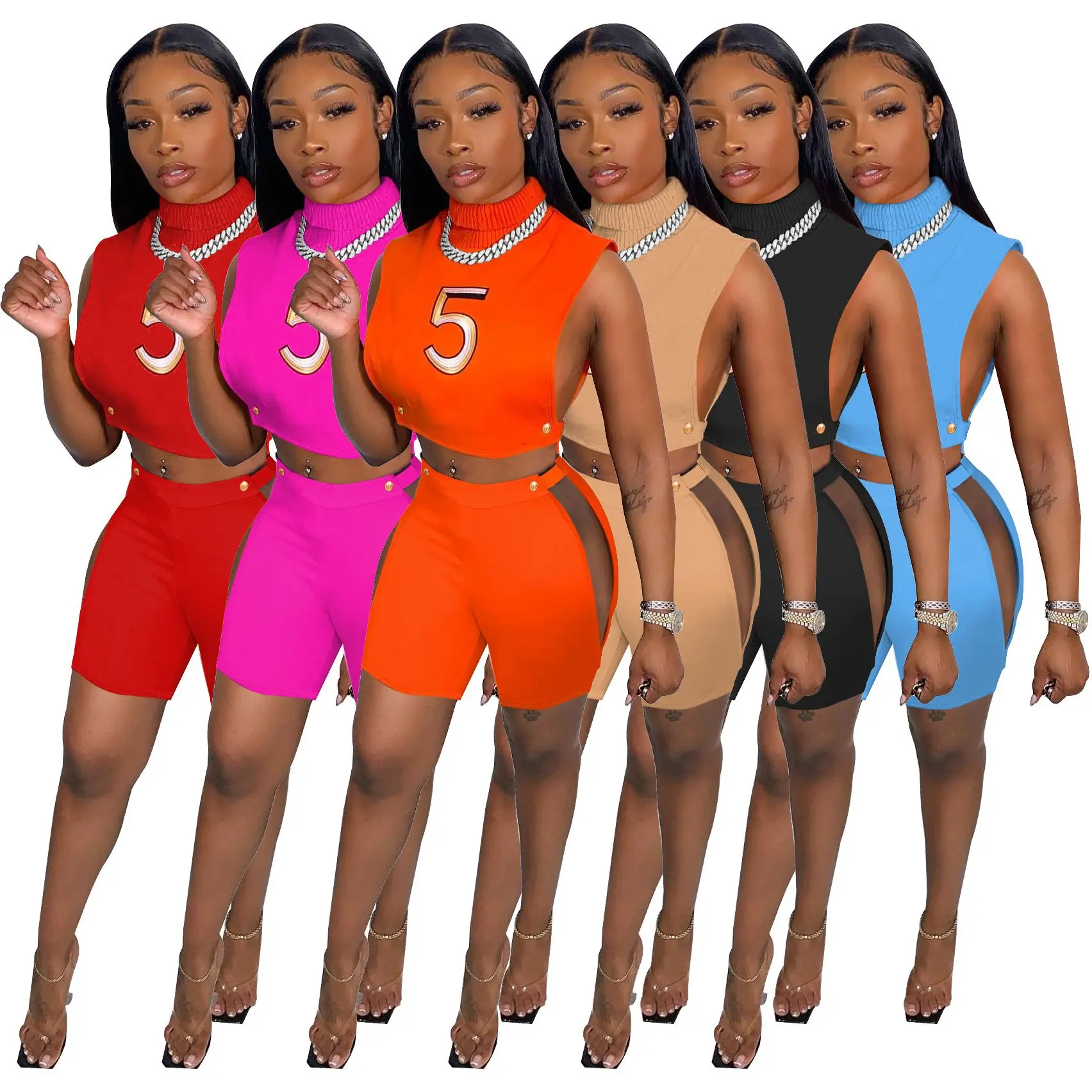 

Women Summer Letter Printing Turtleneck Tank Shorts Suit Sexy Cutout Nightclub Outfit 2 PC Short Two Piece Set, Orange,red,black,sky blue,rose red,khaki