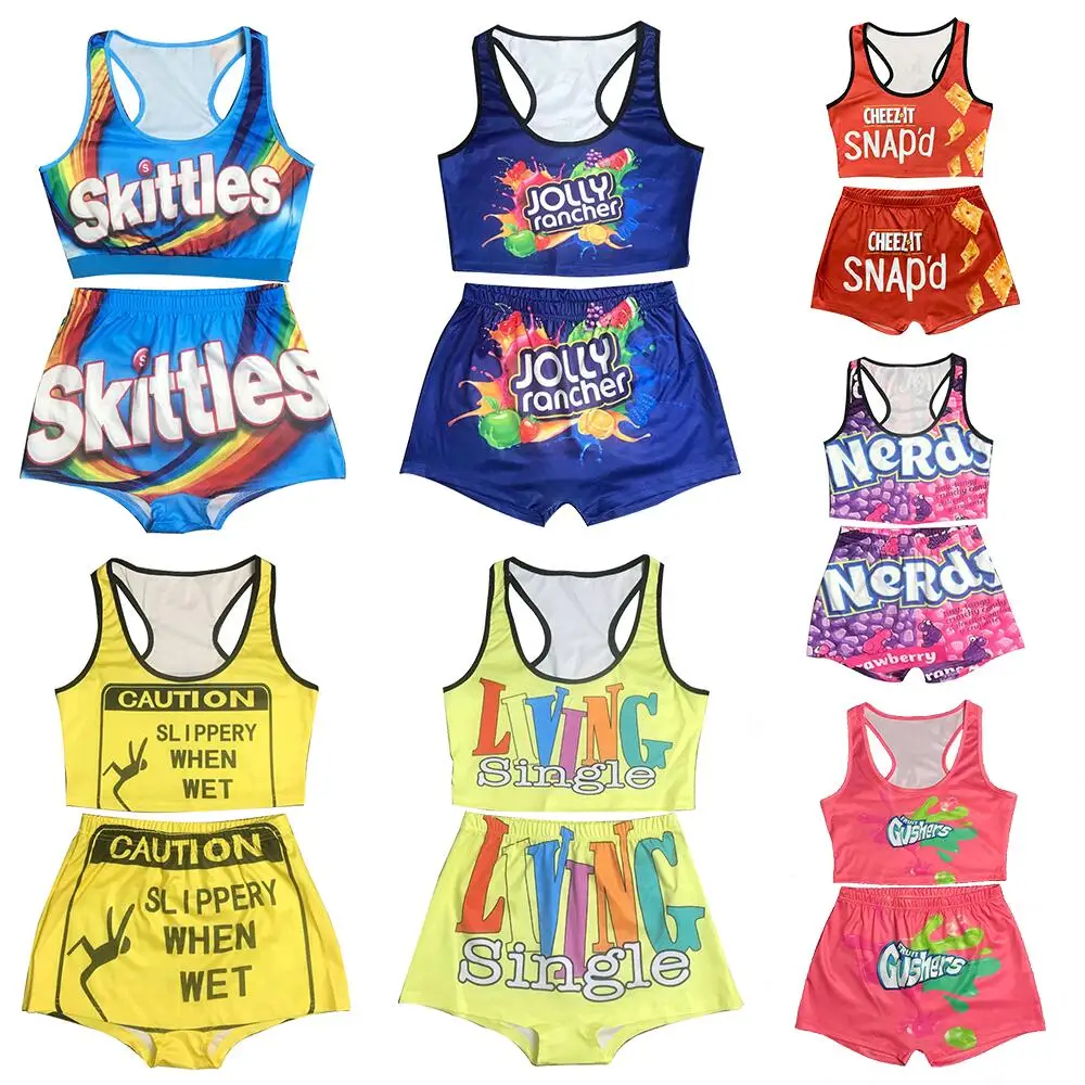 

Sinosun Two Piece Short Set Gym Boxer Sportswear Printed Slippery When Wet Booty 2 Piece Snack Candy Shorts Set, As pictures or customized