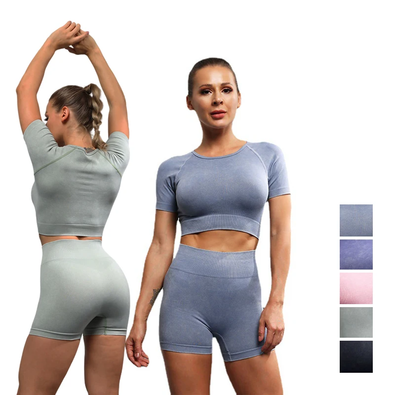 

new design washed high impact gym women seamless sports set solid skinny elastic 2 piece set women summer, Customized colors