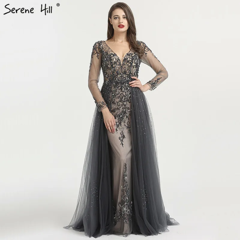 

Serene Hill Diamond Beading A Line Long Sleeve V Neck Fashion Girl Prom Dress Party Evening Gowns With Train LA6571