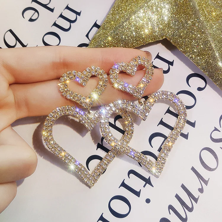 

High Quality Women Girl Luxury Jewelry Gold Plated Crystal Double Love Heart Dangle Drop Statement Wedding Punk Earrings, Gold/silver