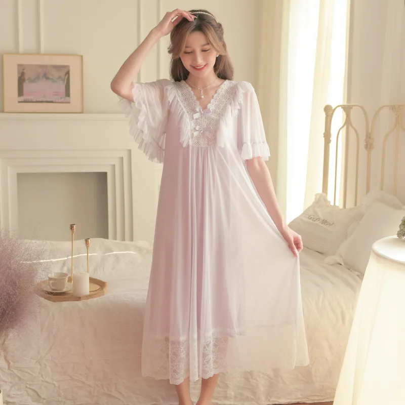 

V Neck Modal Lace Vintage Pajama Dress Women Sleepwear Pyjama Nightdress Sexy Nightwear, Picture shows