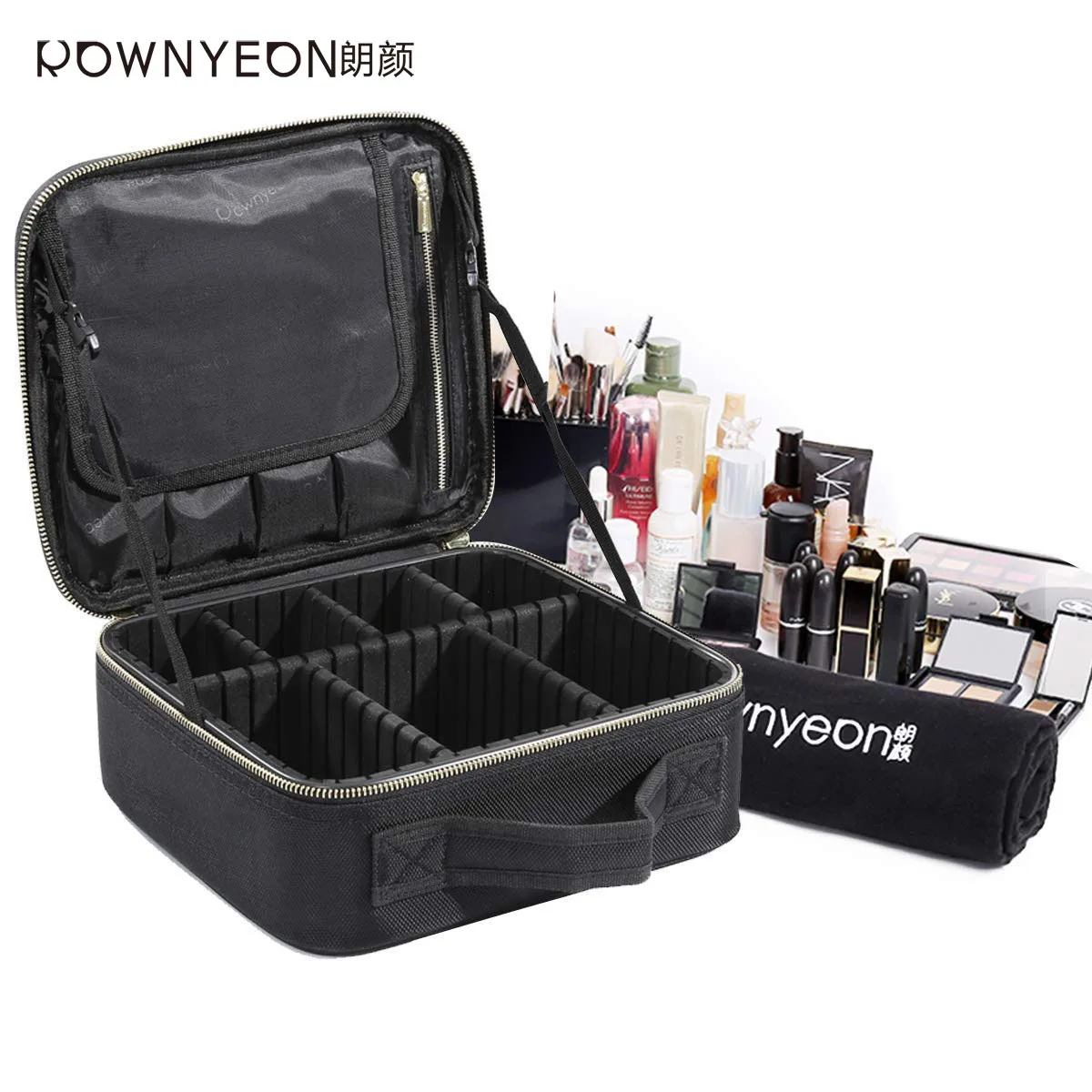 

Rownyeon In Stock Private Label Custom Black Nylon Professional Travel Make Up Case Cosmetic Case