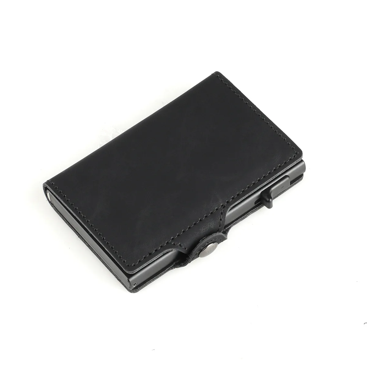 

metal credit card holder rfid blocking leather wallet for men with side push button inside cash clip