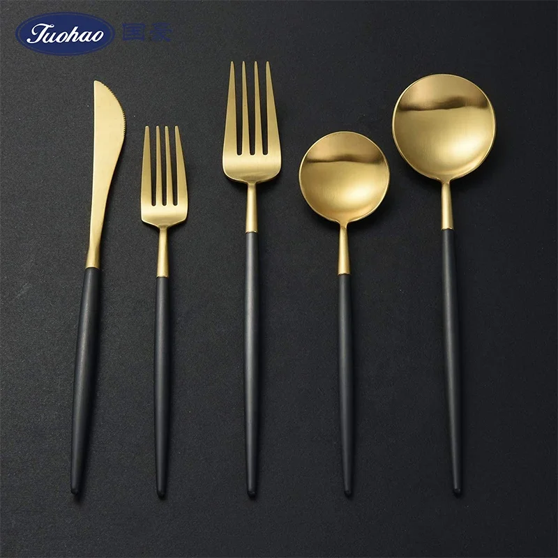 

Portugal Western Style Black Golden Cutlery 5 Piece Knife Fork Spoons Long Handle Flatware Set