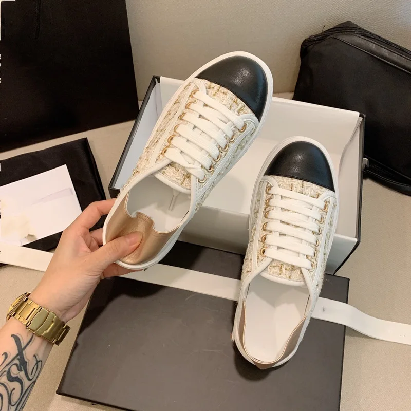 

2021 small fragrant wind ring-checked canvas shoes for women with thick soles color combination leisure running shoes can step o