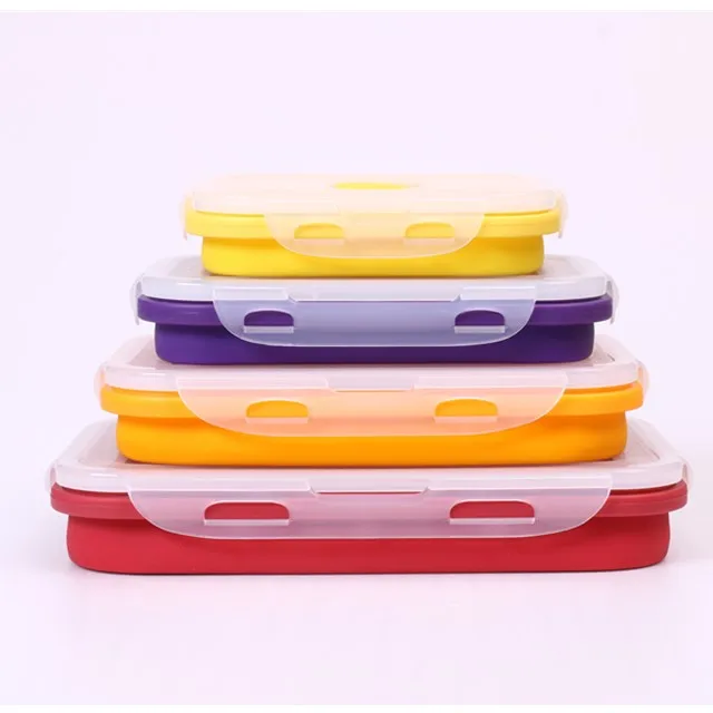 

Food grade silicone folding lunch box 4 pcs set Multi color collapsible silicone bento, Any color is available