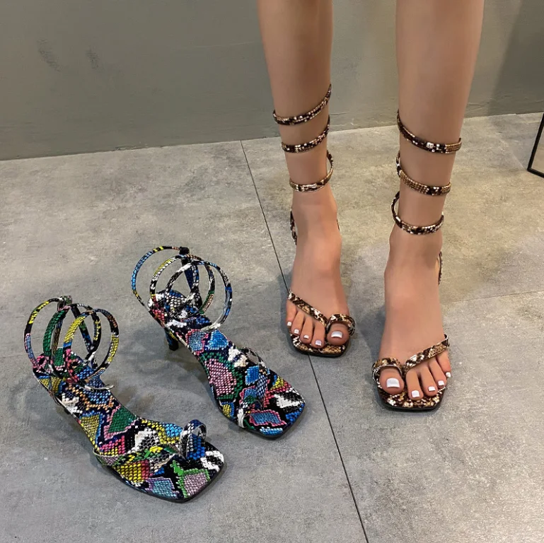 

2022 Summer New Women Snake Pattern Peep Top Stiletto Sandals Thong Square Toe Cross Strap High Heel Fashion Sandals, As pictures