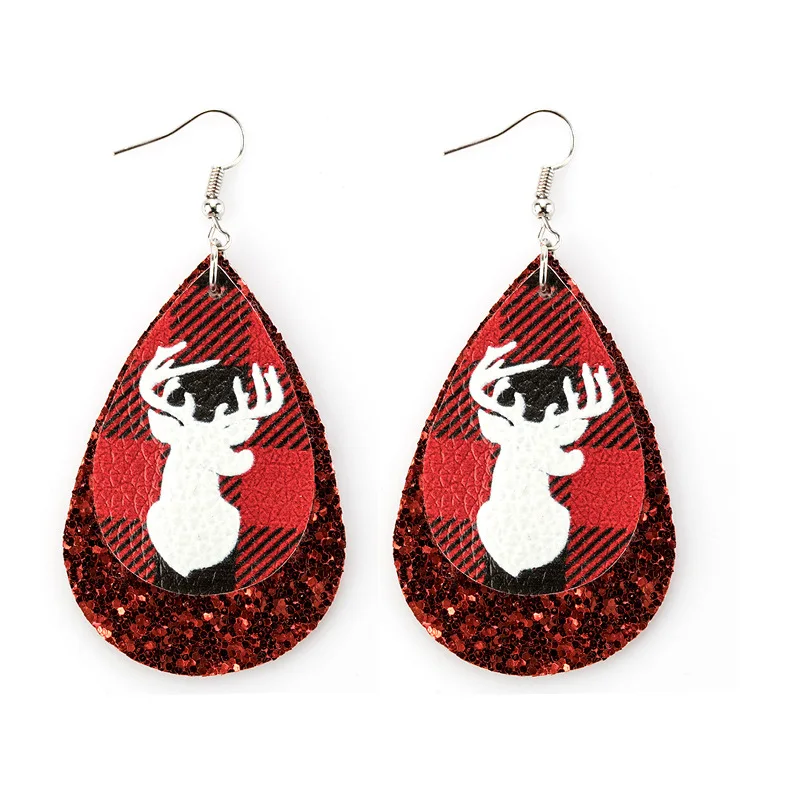 

Ladies Jeweries And Earing Christmas Deer Head Sequined Leather Earrings Red Plaid Deer Head Watrdrop Leather Earrings, Picture shows/custom color