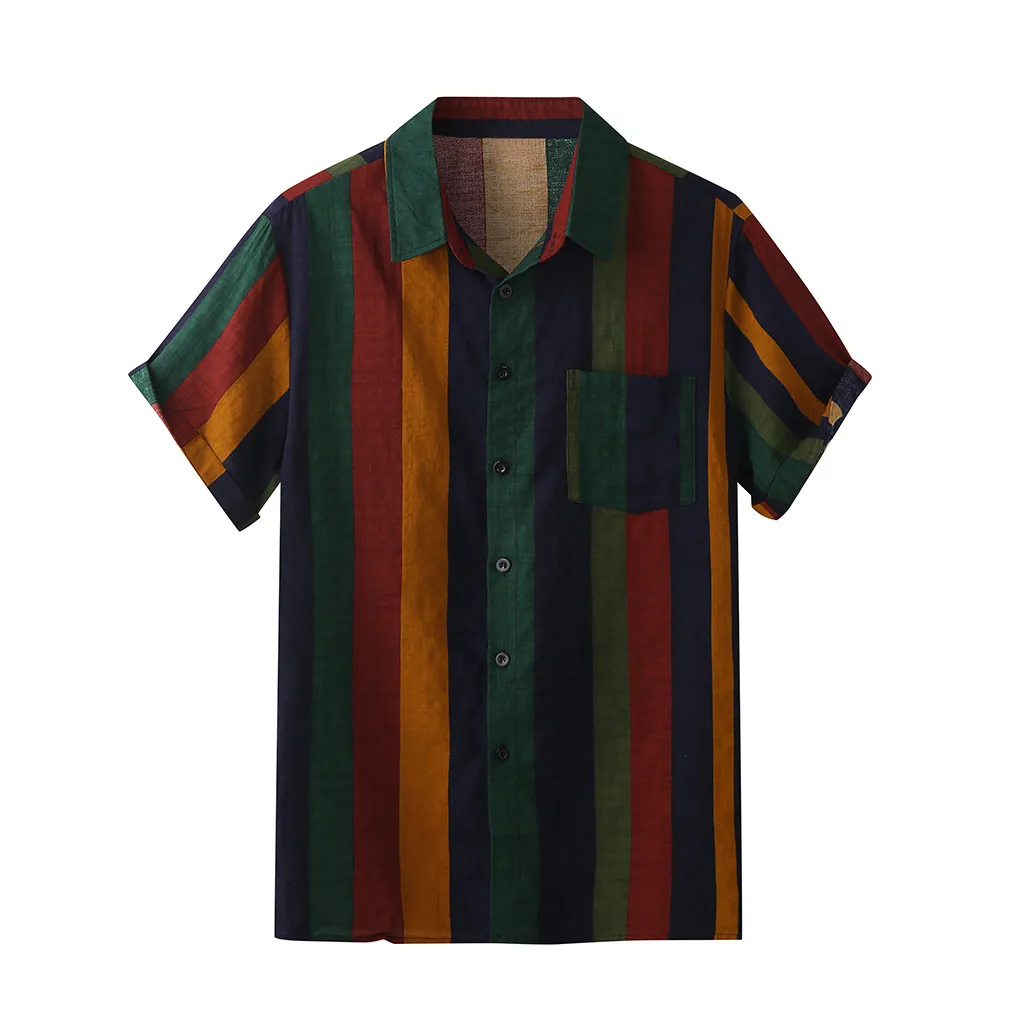 

Men's Shirts Casual Loose Fashion Short Sleeve Striped Print Button Down Shirt Summer Top Beach Shirts