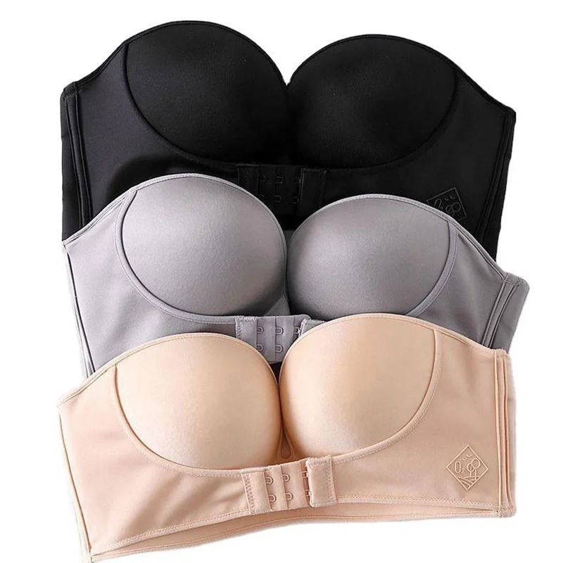

Button up front anti-skid breast pasted sexy accumulation women's push up Strapless bra, Green/black/blue/orange/beige