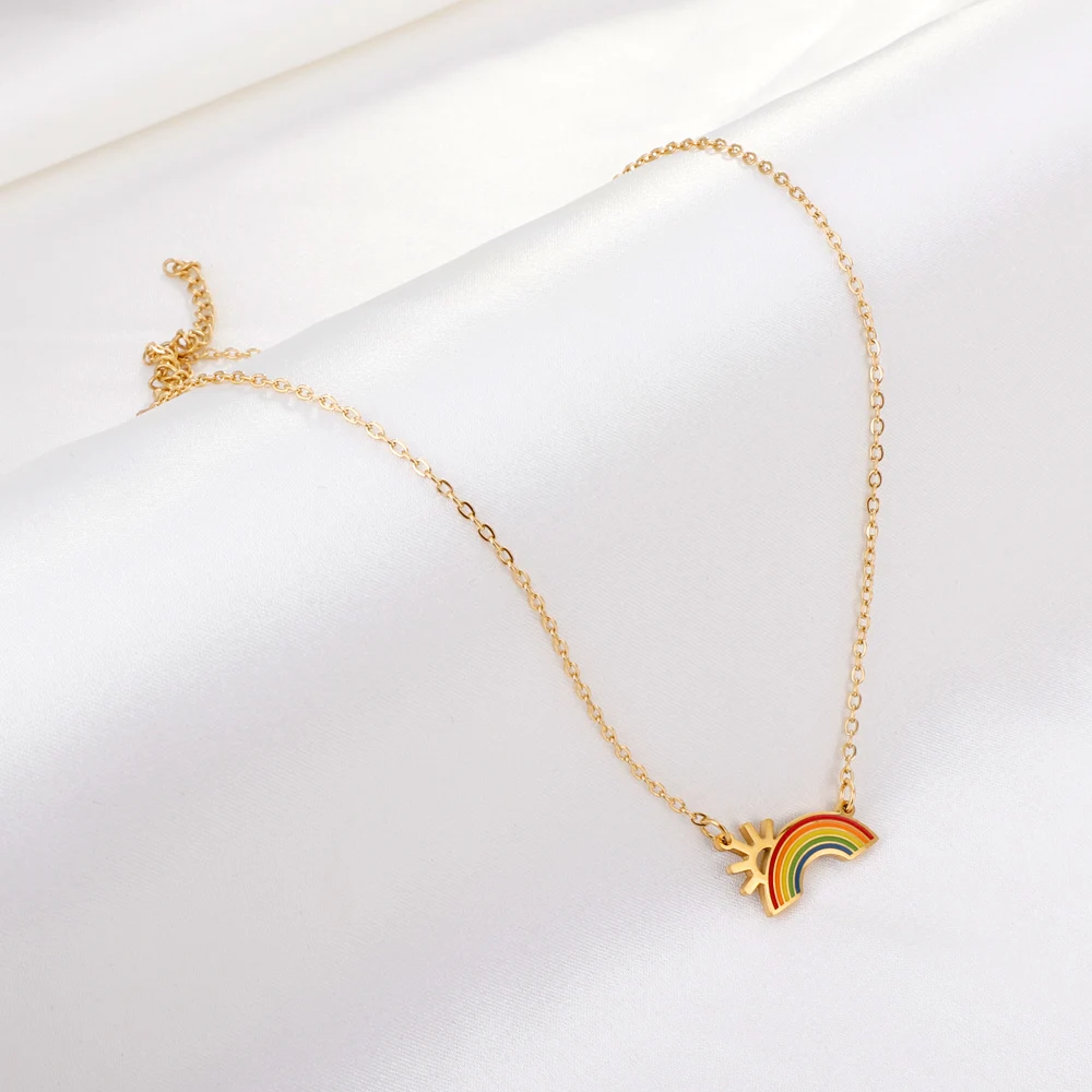 

Rainbow cute Popular Jewelry Stainless Steel 18k Gold Plated pendant necklace Good Chain best wishes