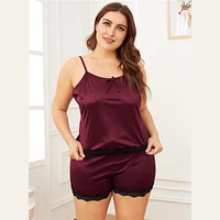 

Plus Size Women Summer Pajama Set Lace Trim Burgundy Cami Top With Shorts Sleepwear Sleeveless Spaghetti Strap Nightwear