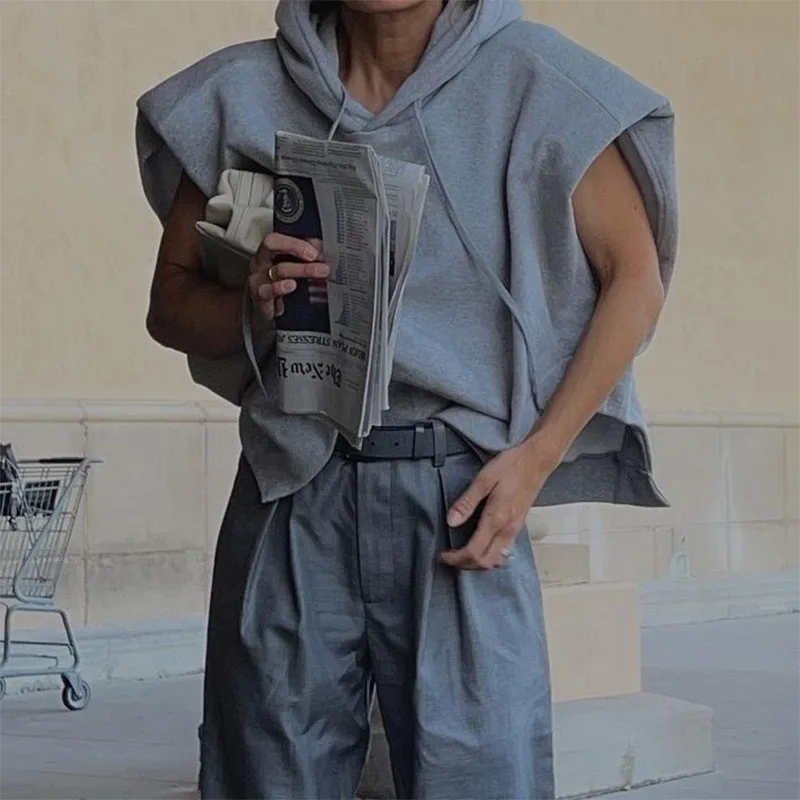 

Autumn New Arrival Trendy Solid Color Sleeveless Vest Jacket Hoodie Casual Loose Shoulder Pad Pullover Blank Hoodie Scotts Hoody