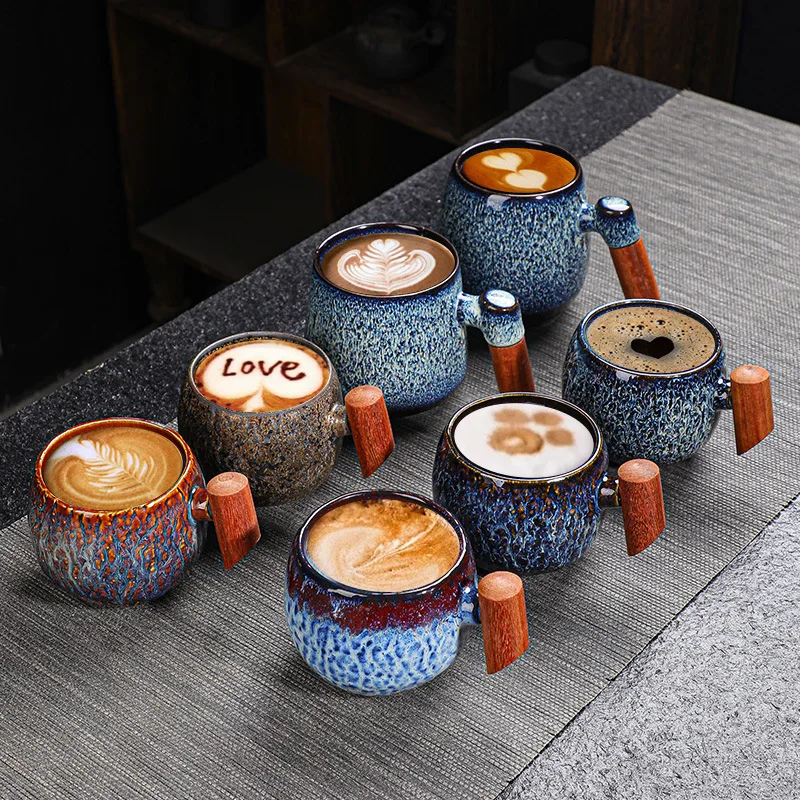 

Creative Ceramic retro coffee cup cappuccino mug drawing latte cup With Wooden Handle