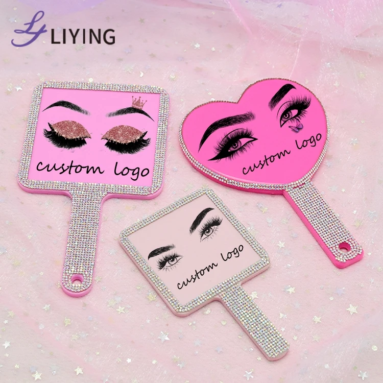 

Small MOQ Custom Logo Bling Diamond Vanity Heart Shape Handheld Makeup Mirror For Eyelash