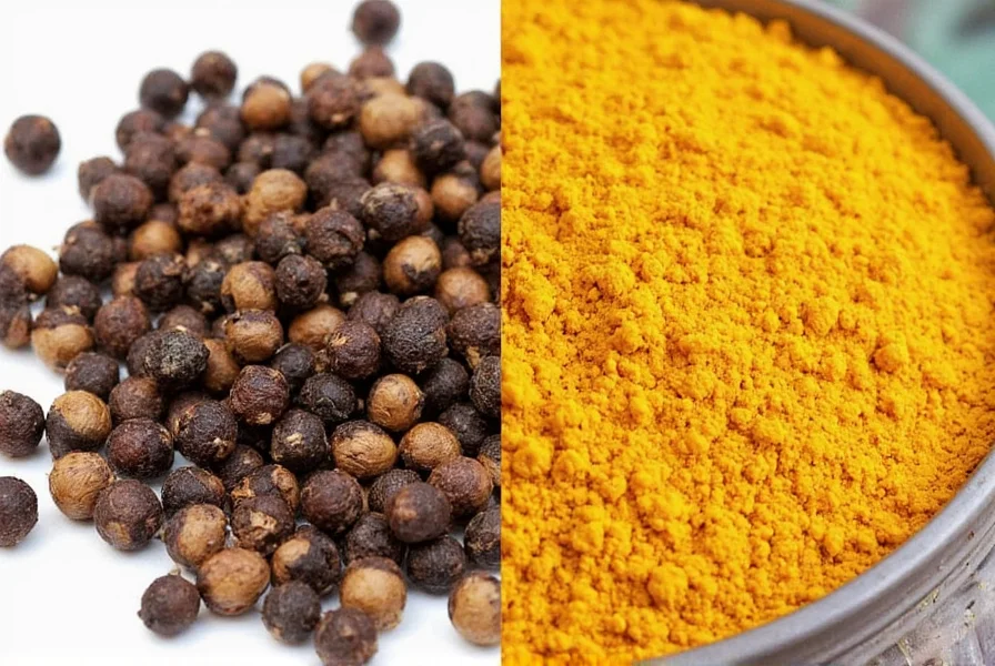 Close-up of black peppercorns next to turmeric root and powder