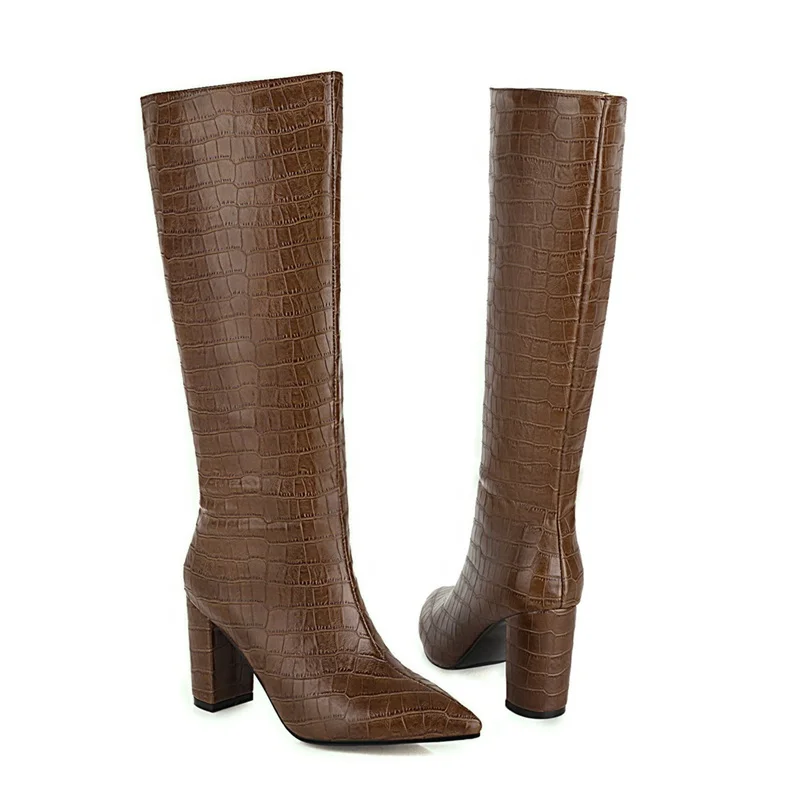 

2021 female long boot shoes ladies block high heels sexy large size 48 woman fashion knee high boots for autumn and winter, White, black, yellow, green, brown