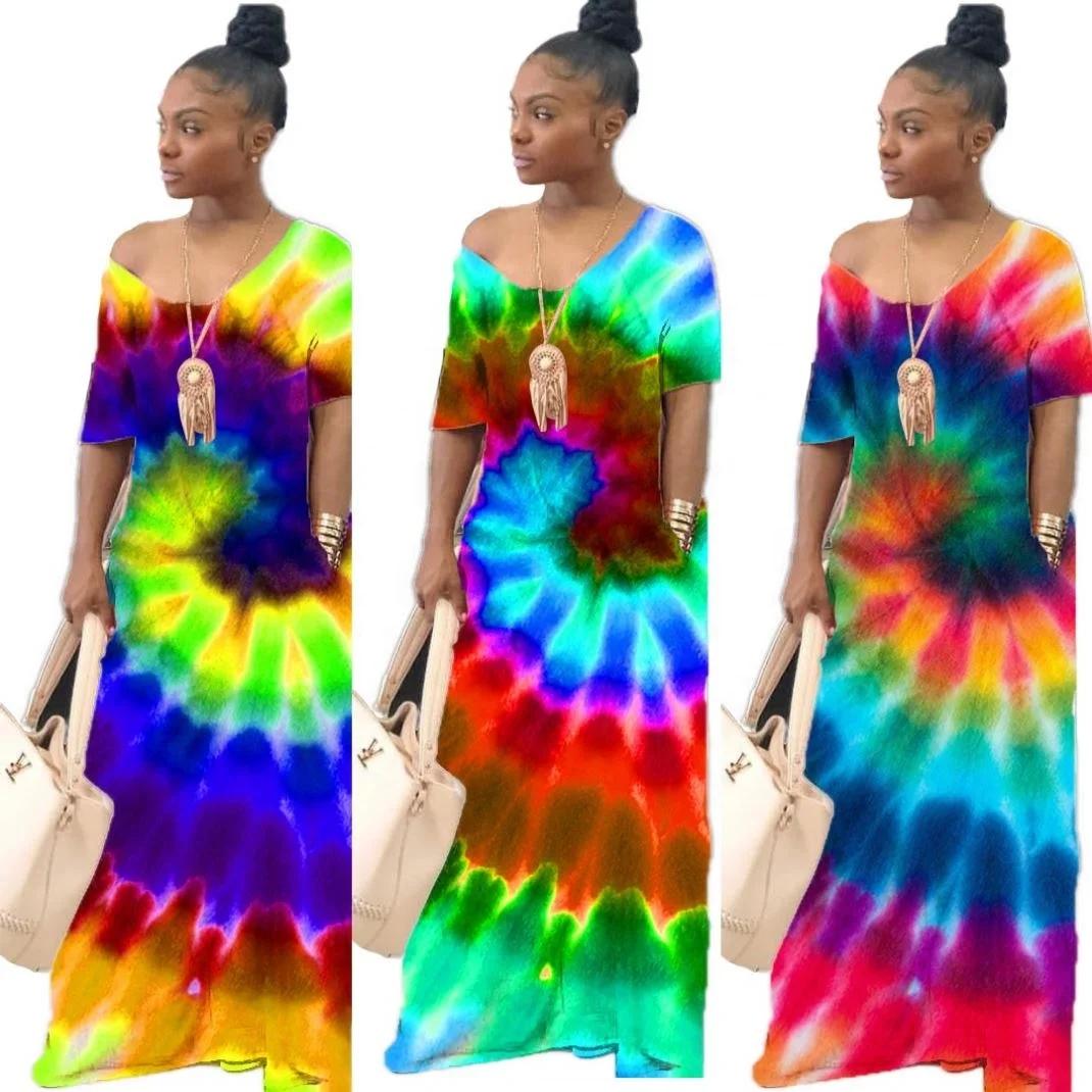 

CQ711280 Sexy One Shoulder Short Sleeves V Neck Maxi Floor-Length Loose Print Tie Dye Dresses, Blue, green, rose red