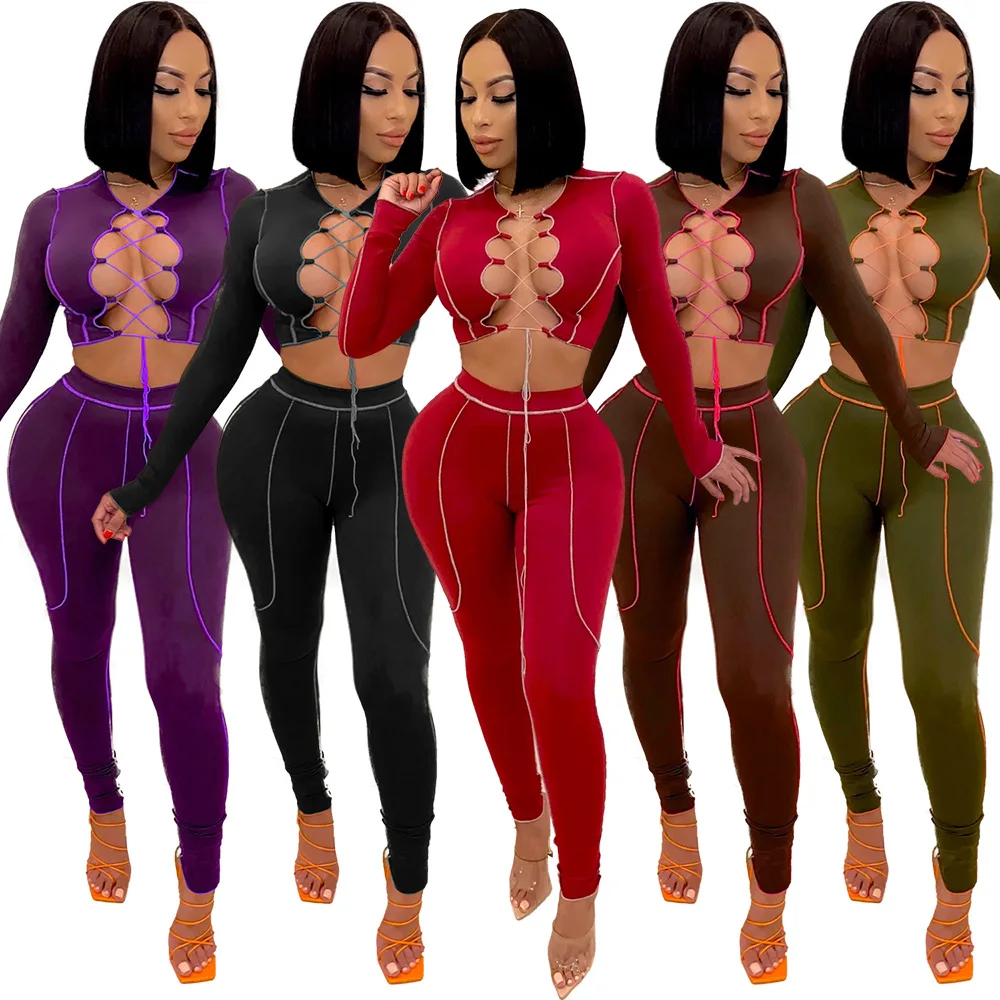 

Sexy Two Piece Set Club Outfits for Women Festival Clothing Bandage Lace Up Crop Tops and Bodycon Pants Suit Women Matching Sets, 8 color