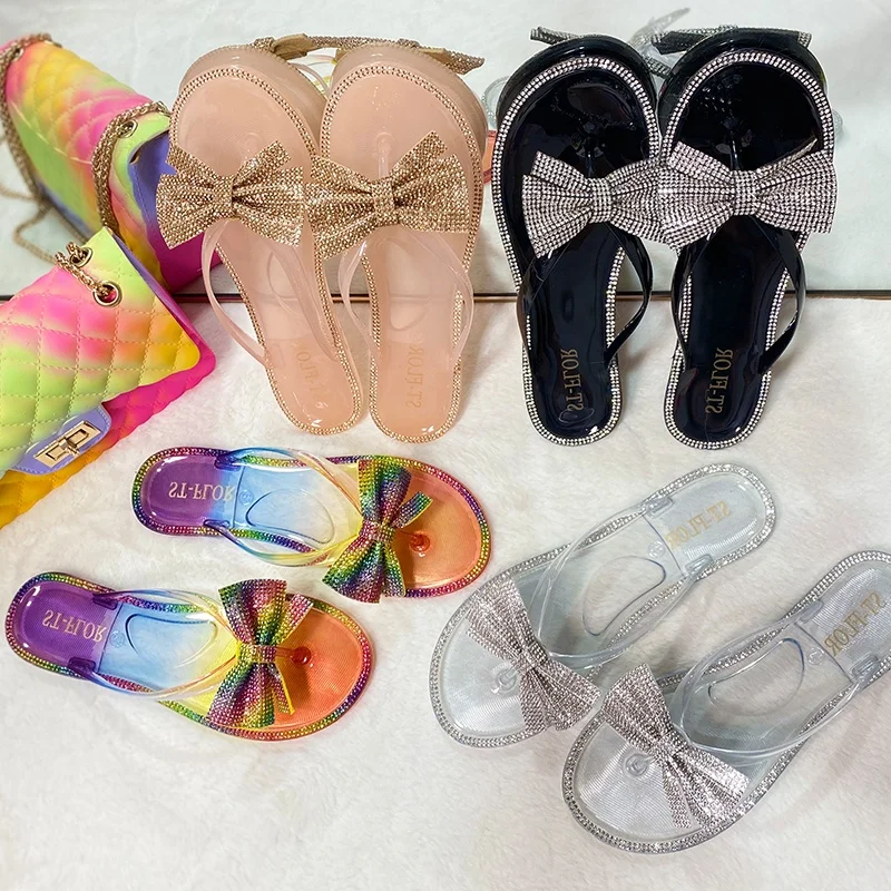 

Summer Cute Bowknot Jelly Sandals Rainbow Rhinestone Slides Women Beach Jelly Flip-flops Slippers