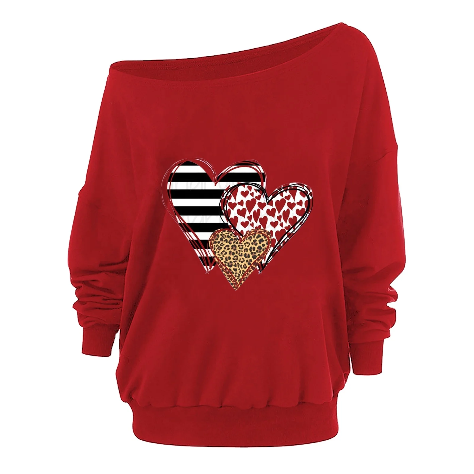 

2020 new style sexy Inclined shoulder top elegant casual polyester pullover blouses heart- printed sweatshirt for women tops
