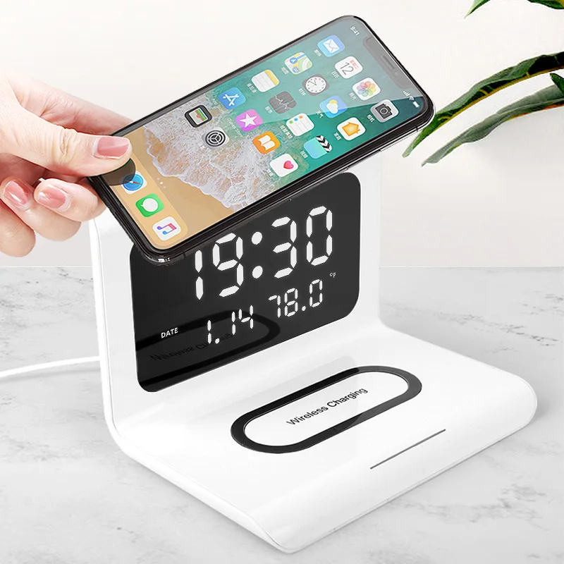 

2021 new muti-function 15w fast wireless charger pad with alarm clock