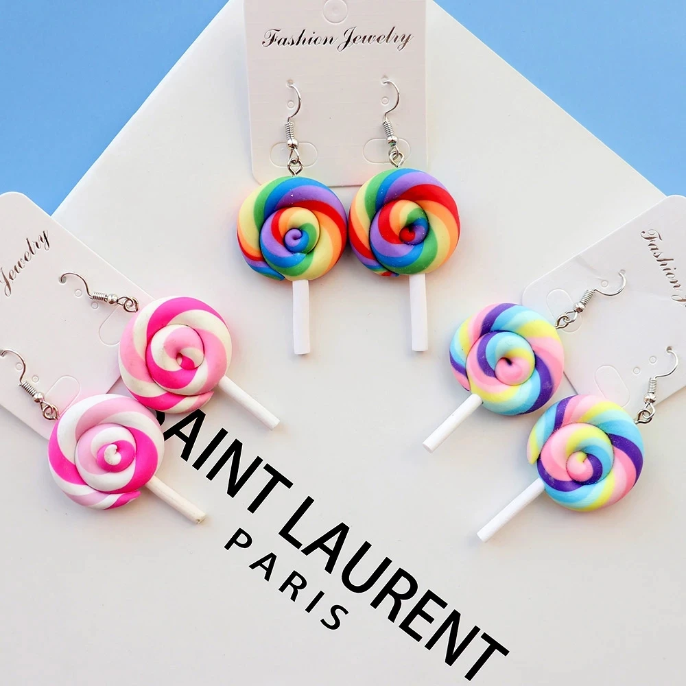 

Earring For Women Soft Clay Rainbow Lollipop Drop Earrings Children Jewelry Custom Made Handmade Cute Girls Cotton Candy Gift, Picture shows