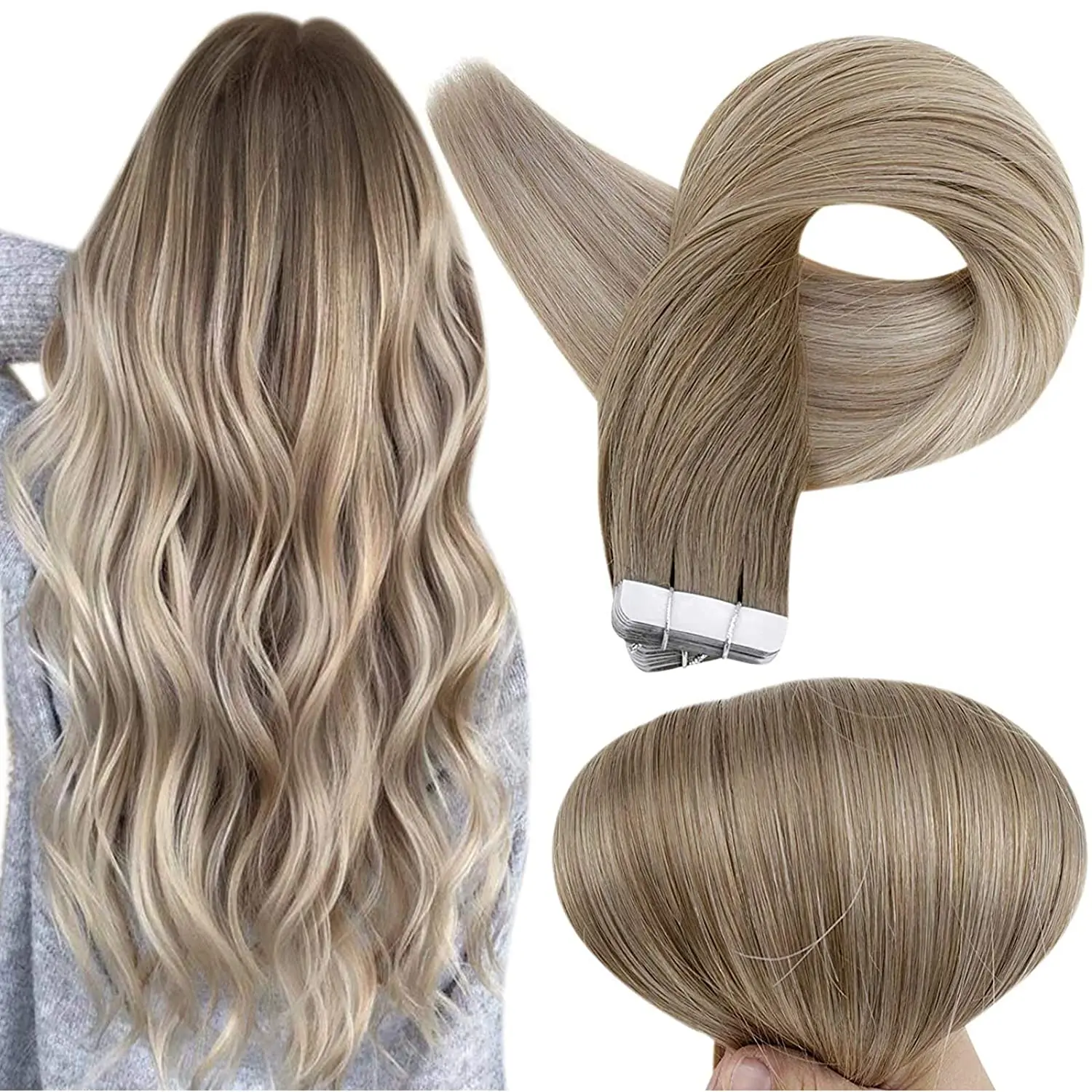 

Full Shine 14-24" Silky Straight Remy Human Hair Extensions Light Brown to Platinum Blonde Hair Extensions Tape in50g