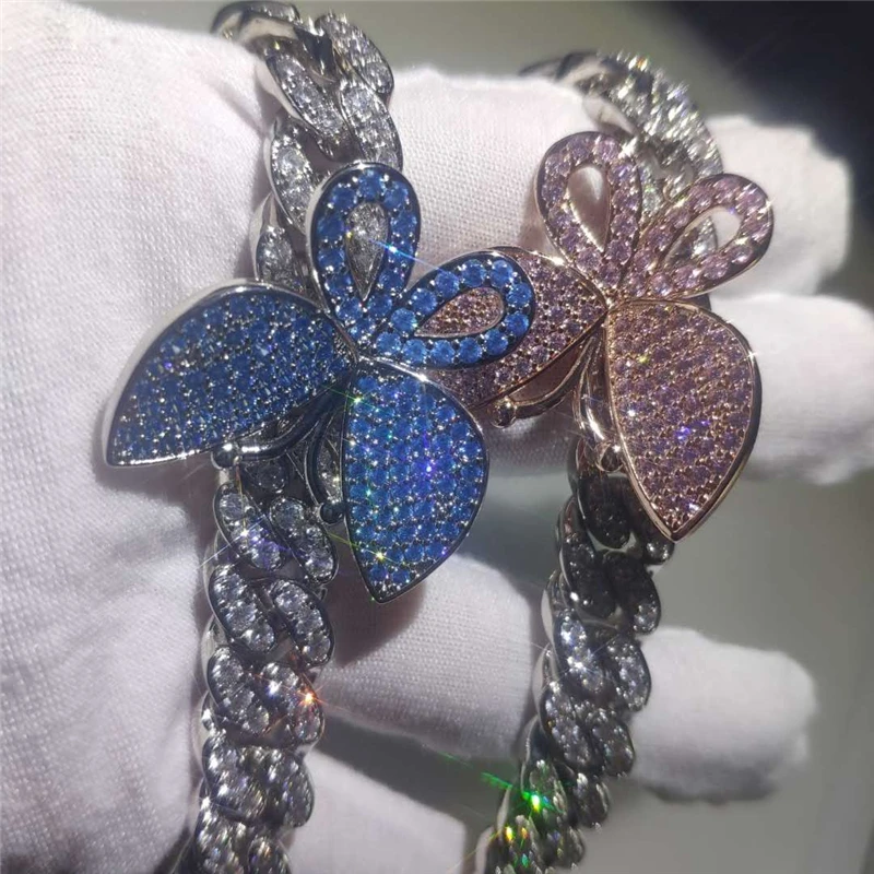 

DEXRLO 12mm Zircon Butterfly Pendant Cuban Chain Necklace Luxury Bling Bling Jewelry Butterfly Gold Necklace