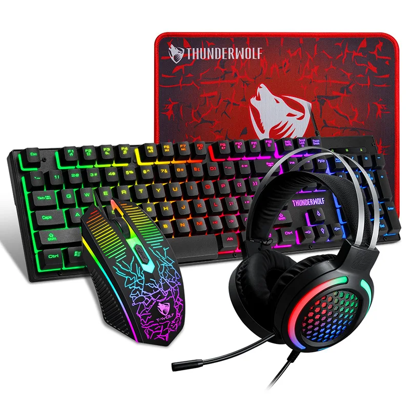 

4 In 1 Combo Game Wired Keyboard Mouse Headset Mouse pad Gaming Set Backlit LED RGB Ergonomic Office Kit Gamer, Black
