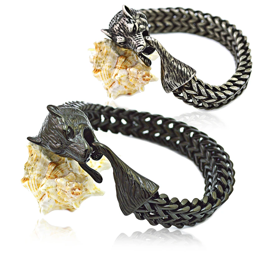 

Fashion Punk Hip Hop Design black plated Stainless steel Bracelets Wolf Viking Chain Bracelets Bangles For Man