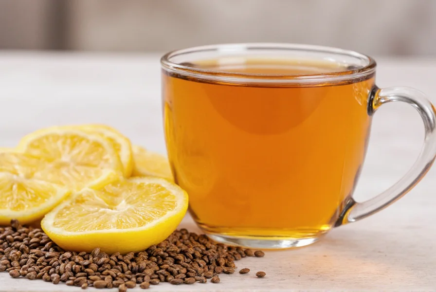 Glass mug with golden-brown cumin tea beside fresh lemon slices and whole cumin seeds